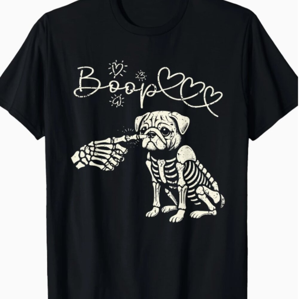 Pug Skeleton Boop Snoot Black Tee Choose Size 100% Cotton NWT